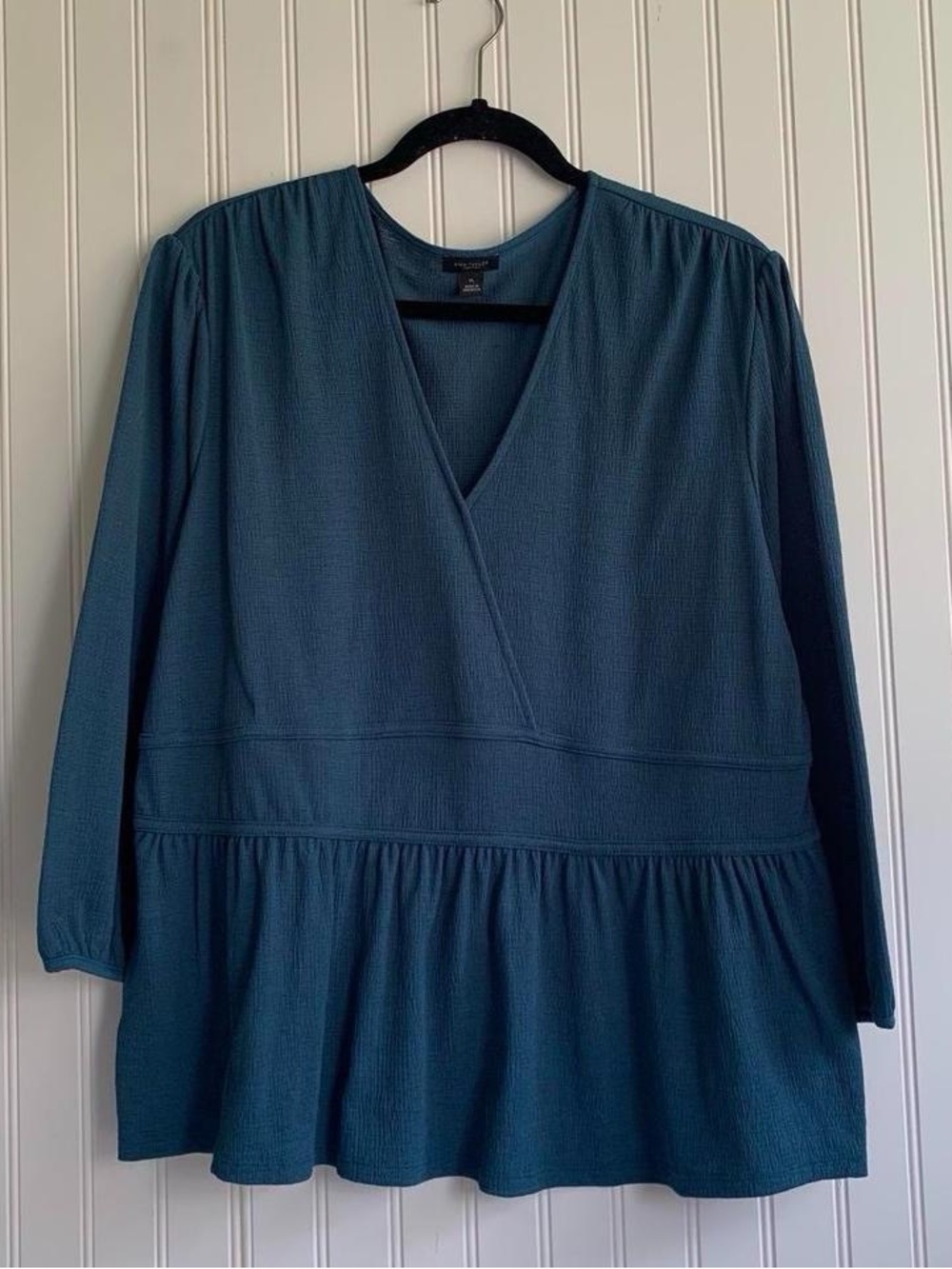 Ann Taylor Teal Long Sleeve Peplum V-Neck Dress